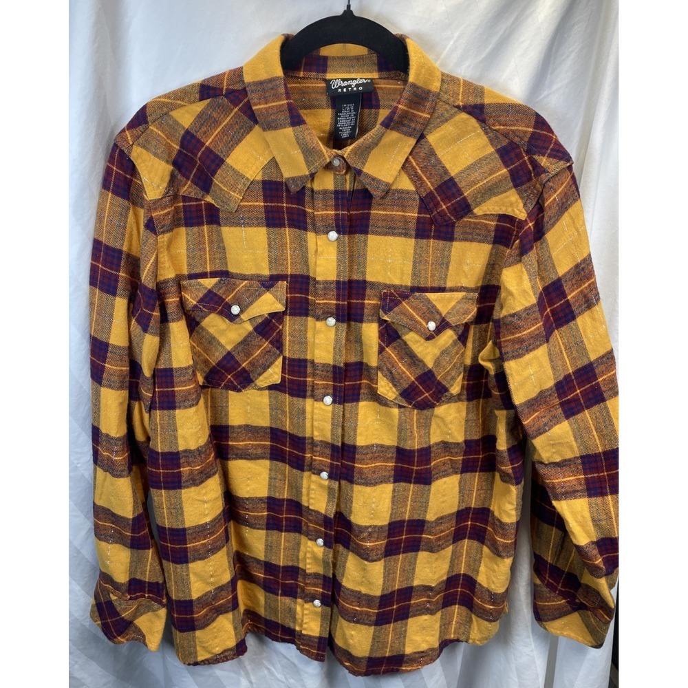 Wrangler Retro Pearl Snap Shirt Orange Plaid Western Cowboy Womens L Silv Thread